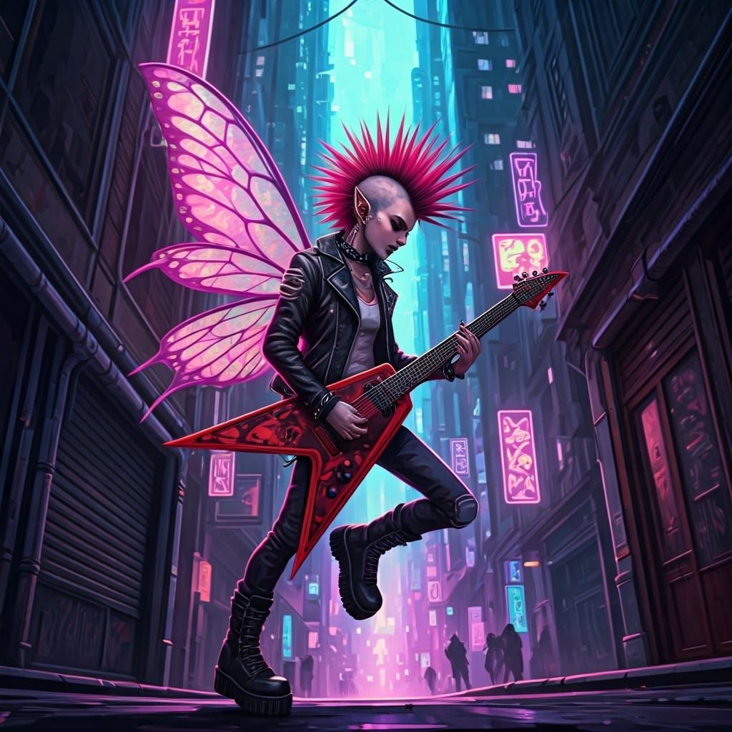 Punk Pixie riffing in a cyberpunk city 2