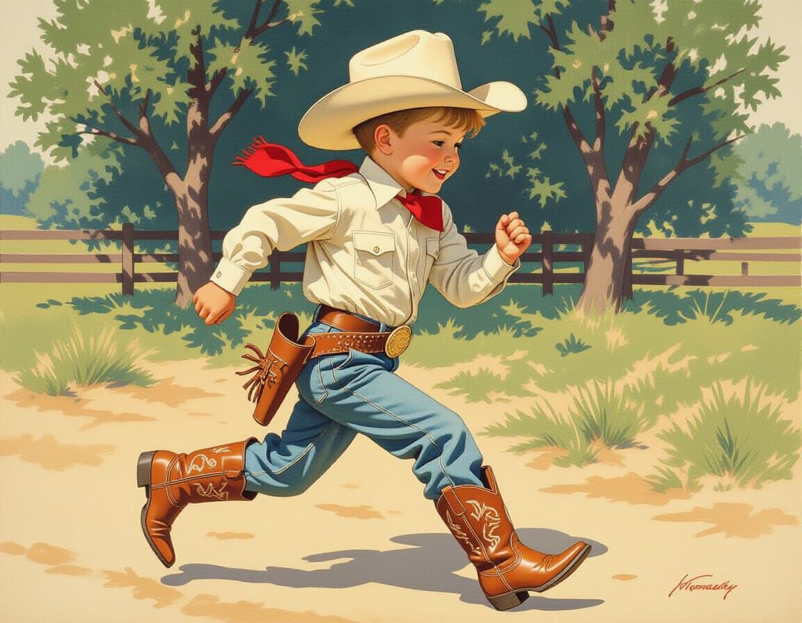 Cowboy Boy Running Freely in Classic Illustration Style