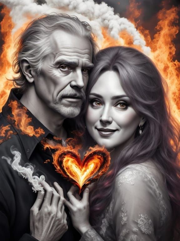 Surreal Romance: Aged Couple in Tender Embrace