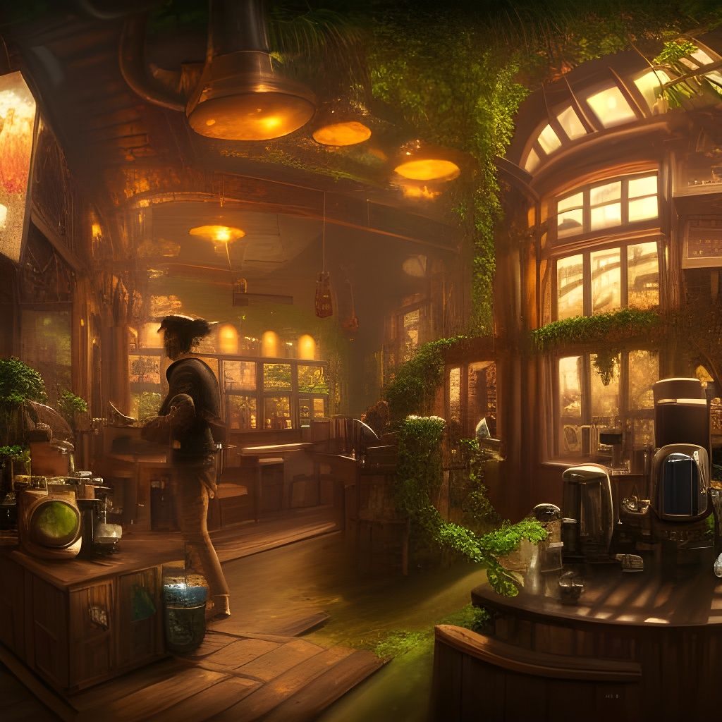 Lush Steampunk Jungle Coffee Shop in 8k