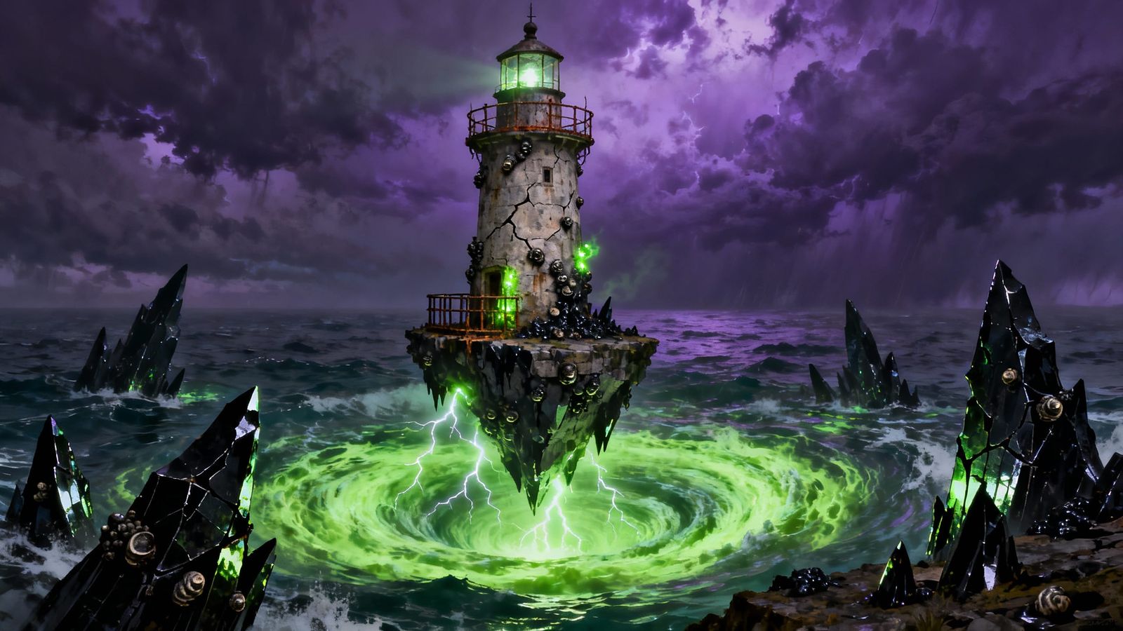 Weathered Lighthouse on Floating Island Amidst Energy Vortex