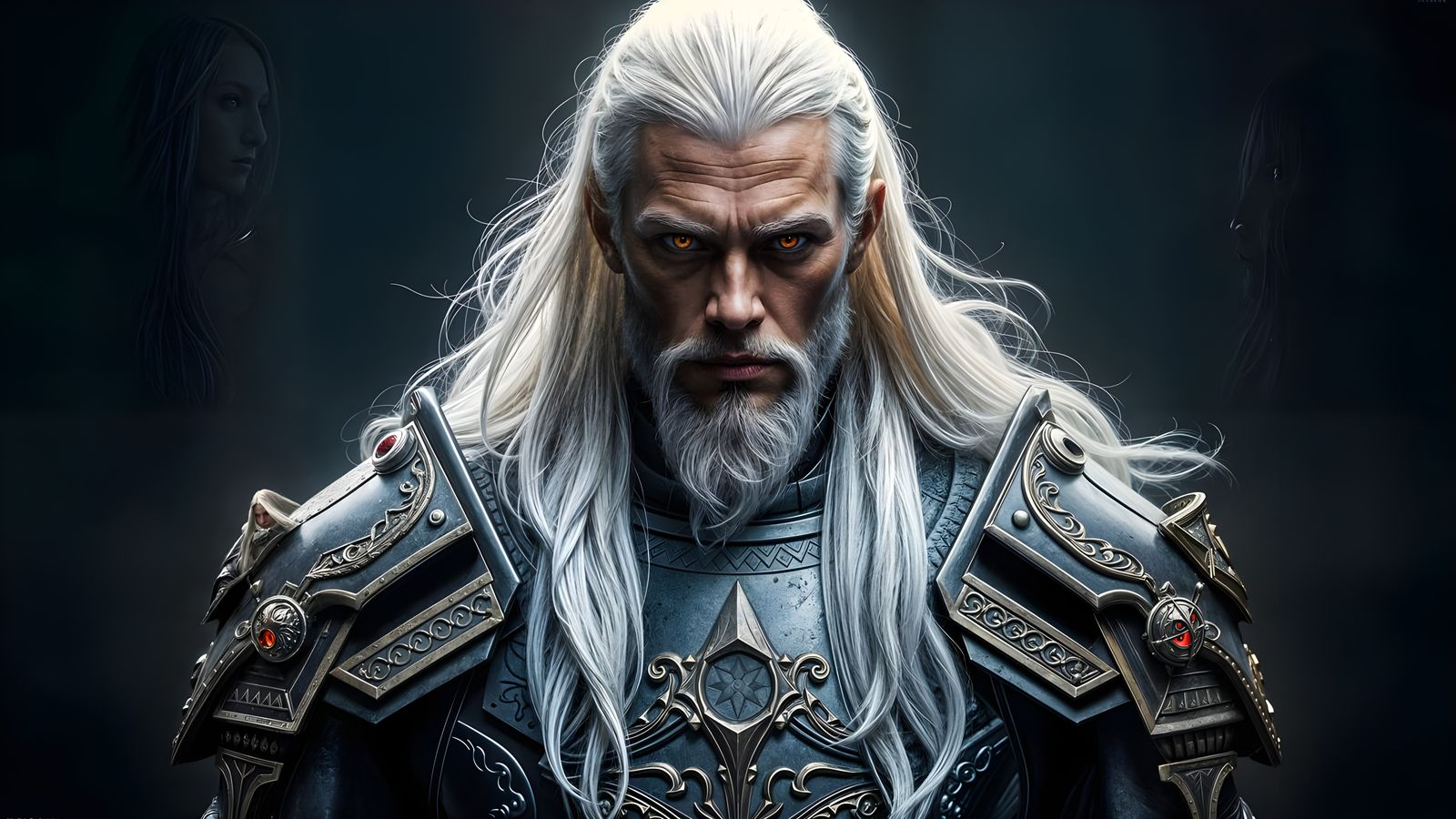 Ethereal Knight: A Heroic Figure with Red Eyes and Long Whit...