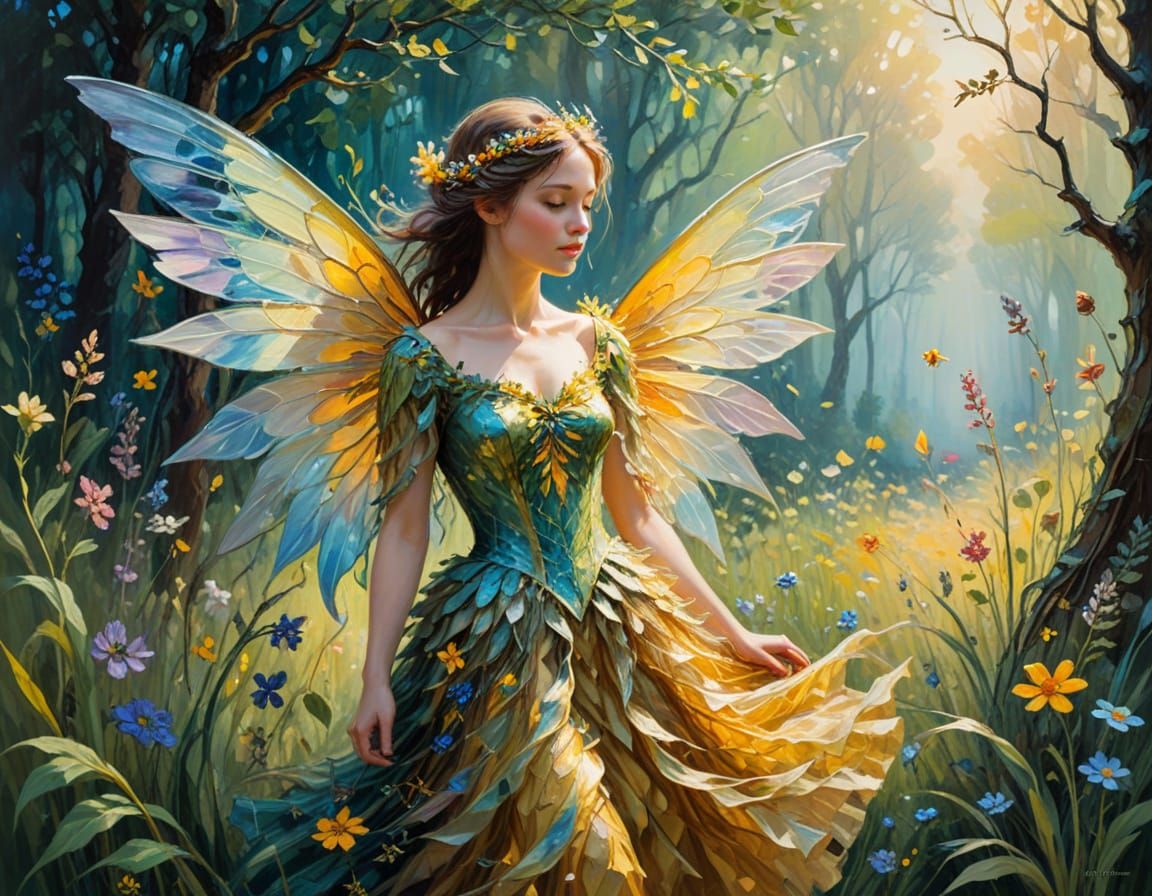 Forest Fairy in Neo-Impressionist Style with Wildflower Dres...