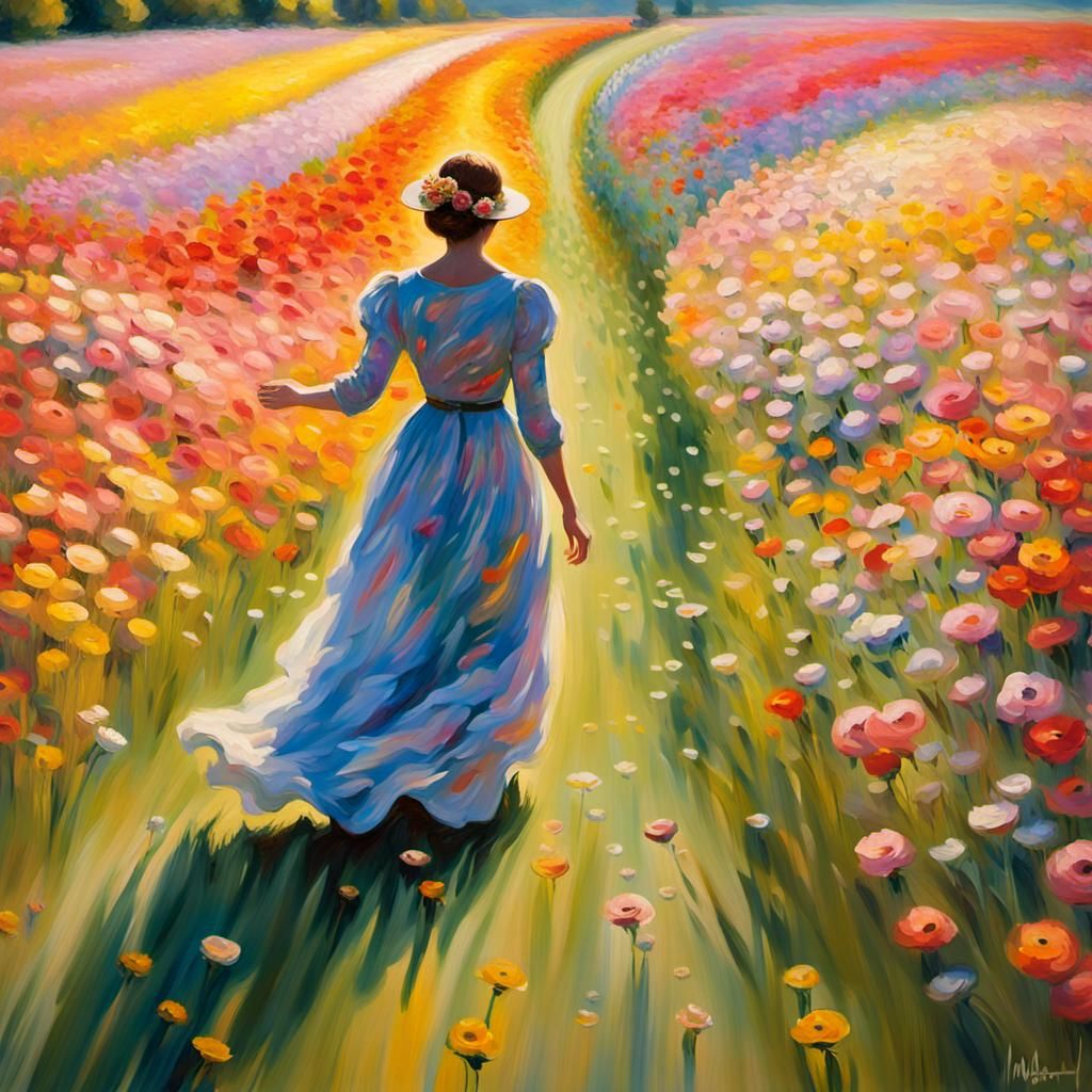 Woman in Flower Field: Impressionist Art