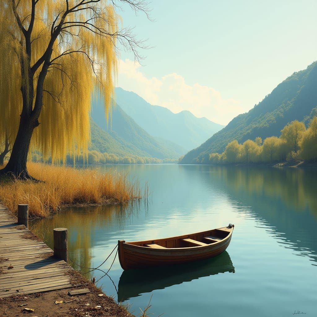 Serene Lakeside Scene in Realist Oil Painting Style