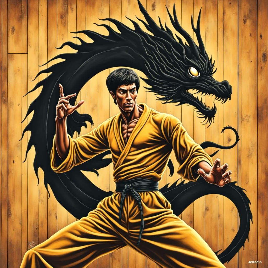 Bruce Lee-Inspired Martial Artist in Stencil-Style Vector Ar...