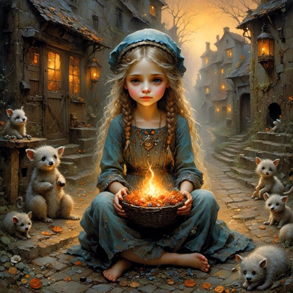 Lonely Visage in Poor Alley with Warming Fire