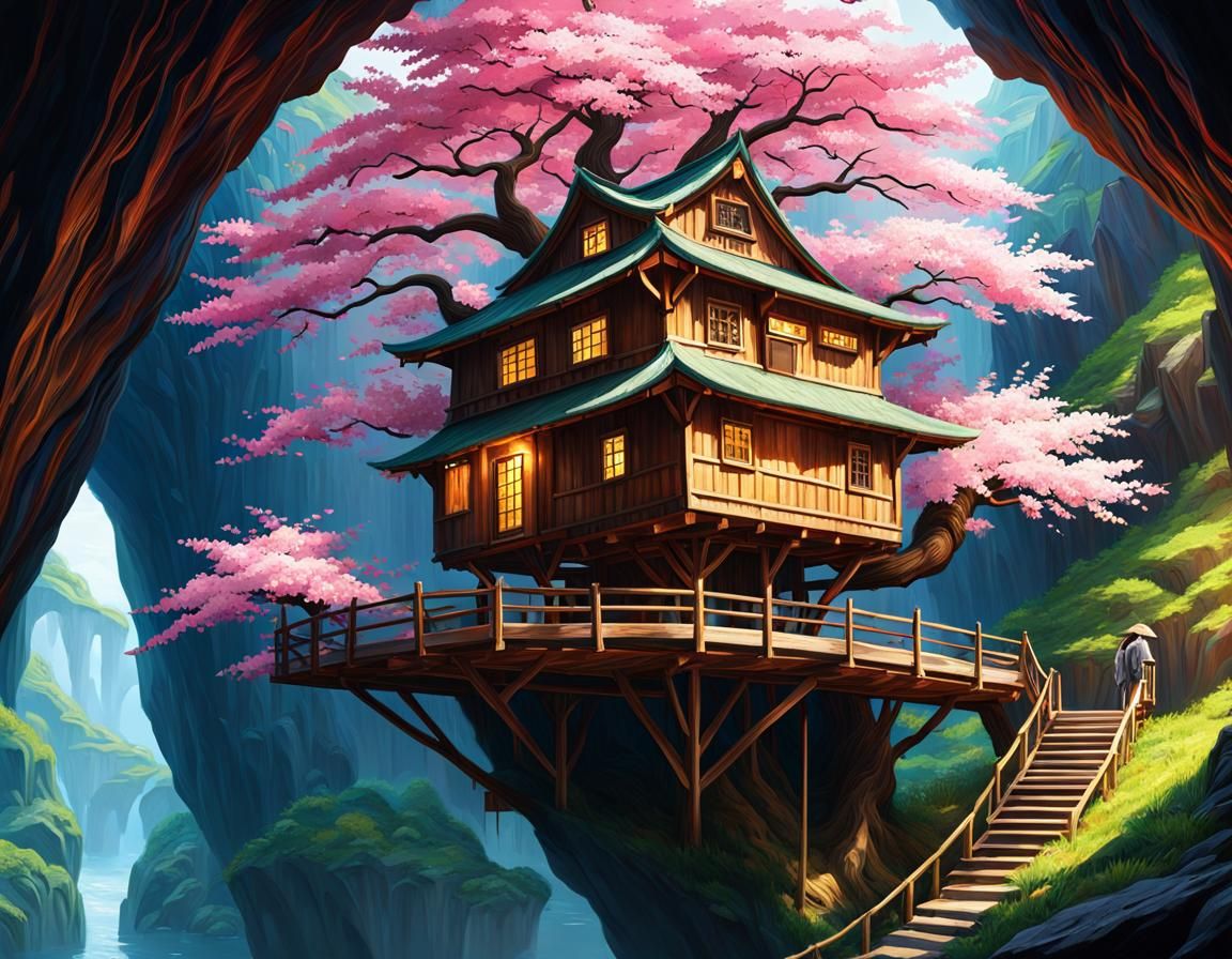 Beautiful Sakura treehouse in a cave