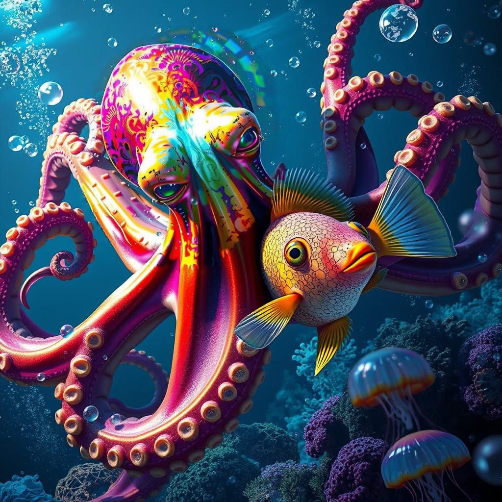 Rainbow Octopus with Celebrity Face in Underwater Paradise