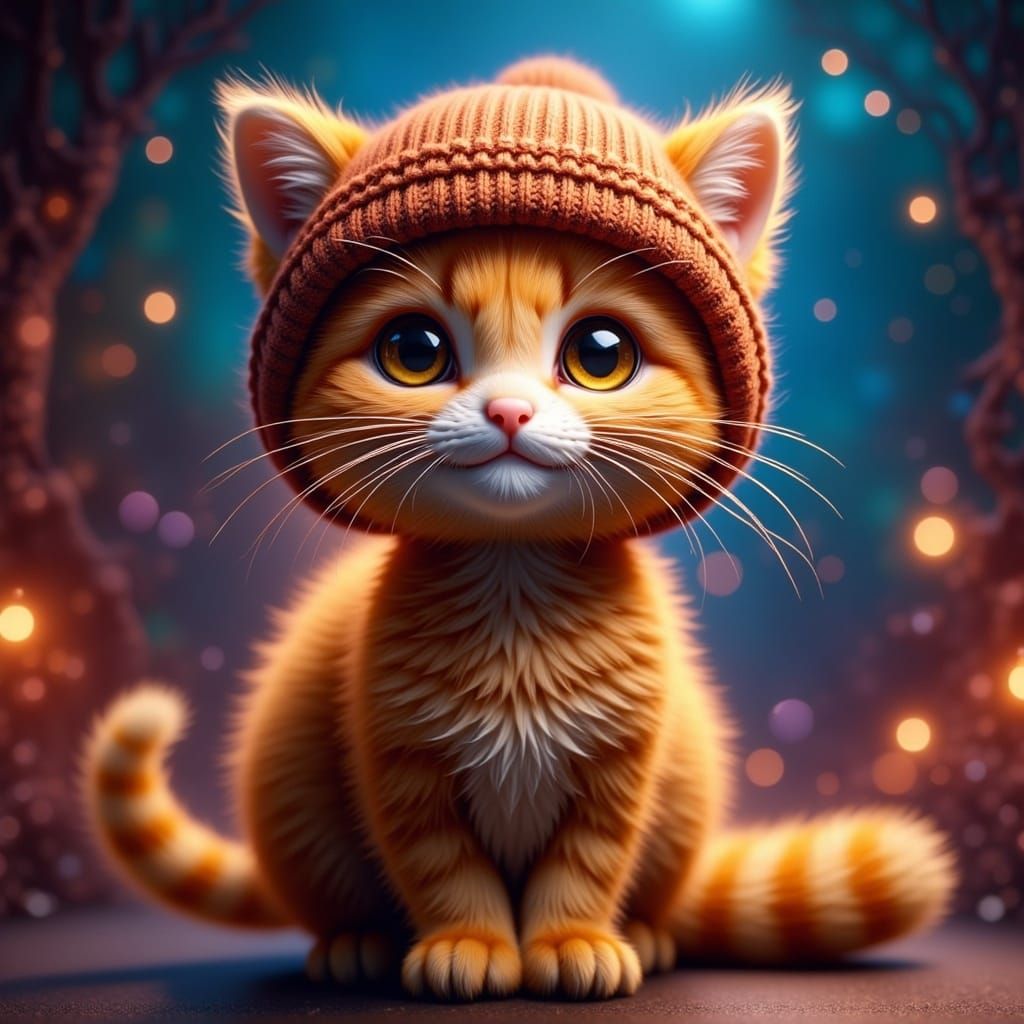 Vibrant Chibi Tabby Cat in Whimsical Beanie