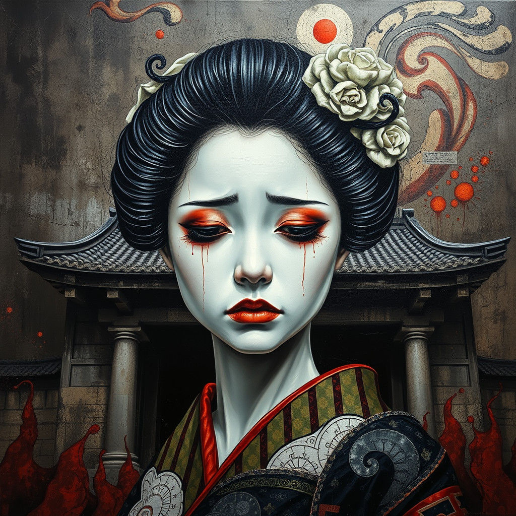 Mournful Geisha Before Temple in Surreal Impasto Style