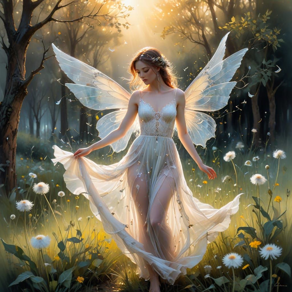 Ethereal Fairy Touches Dandelion in Golden Meadow