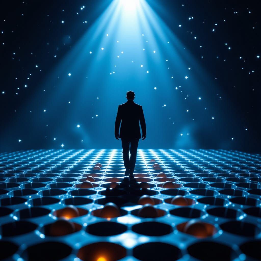 Man Navigates Abyss on Egg Tray in Film Noir Style