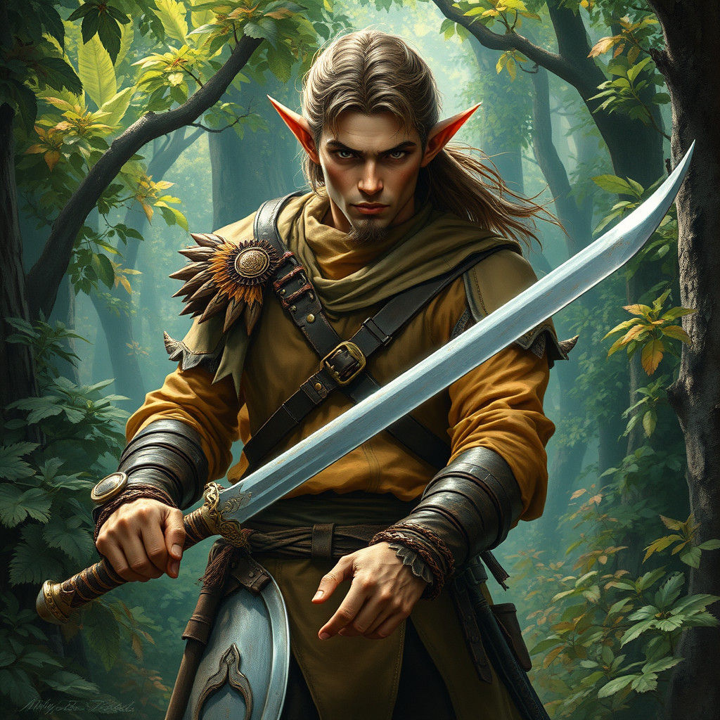 Half-Elf Warrior Emerging from Mystical Forest