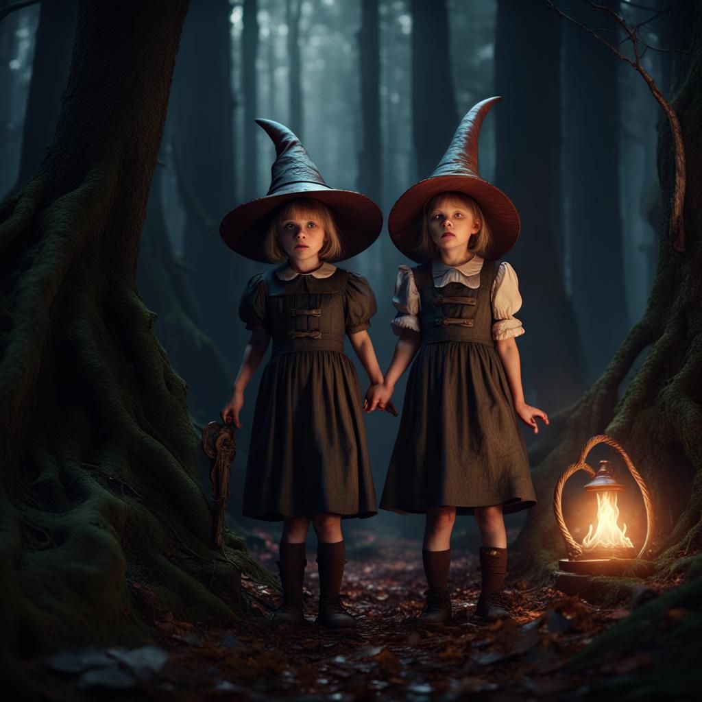 Hansel and Gretel in Ominous Forest, Fantasy Art
