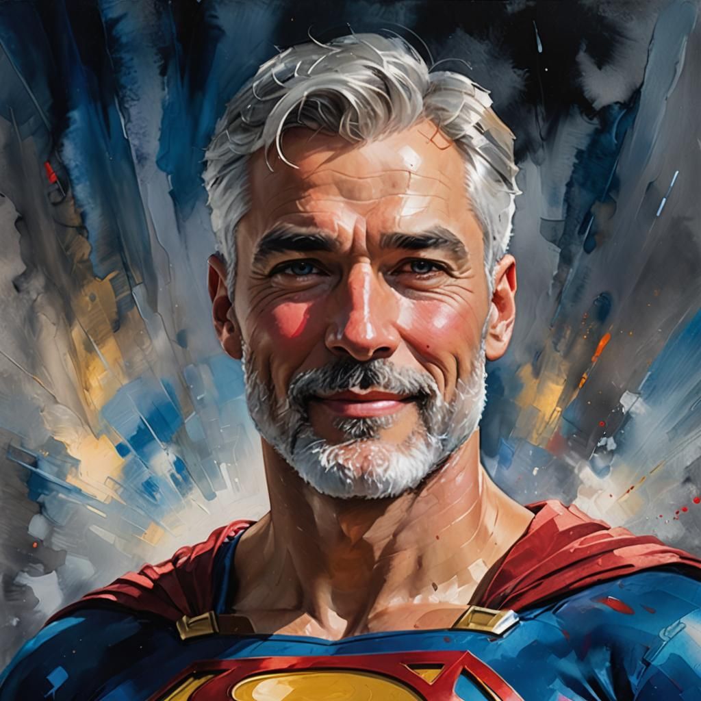 Smiling Silver-Haired Superman in Impressionist Oil Painting