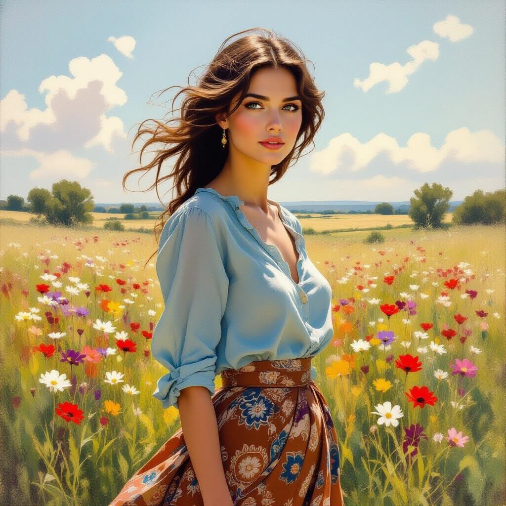 Woman in Wildflower Field, Impressionistic Style