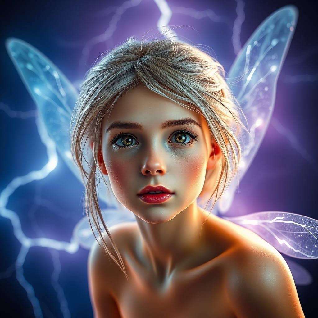 Electric Blue Fairy Illuminated by Lightning Storm