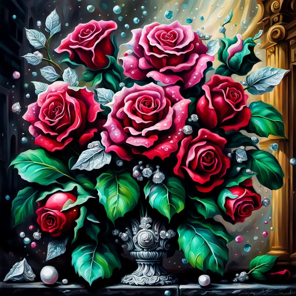 Baroque Ruby Rose Bouquet in Polychromatic Graffiti Style