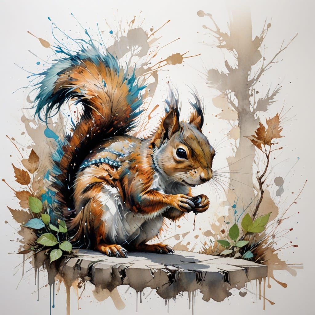 Squirrel in Urban Oasis Watercolour Art