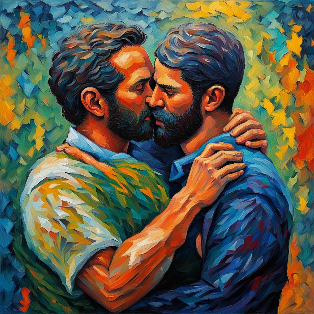 Men Embracing: Neo-Impressionist Expressionist Oil Painting