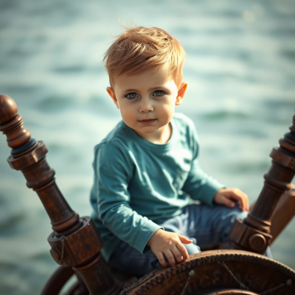 A Young Boy in Serene Marine Surrounds with Vibrant Green Ey...