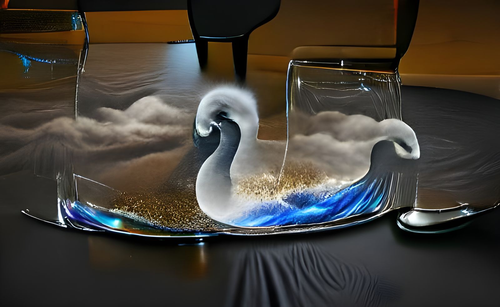 Glass Swan Navigates Sandy Ocean Amid Storm