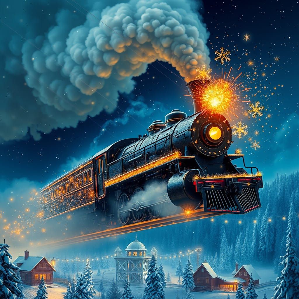 Magical Steam Locomotive Soars Through Enchanted Starry Sky