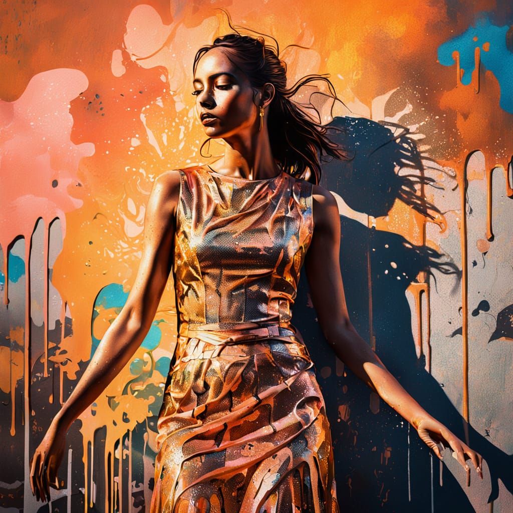 Woman in Peach Dress: Vibrant Urban Street Art