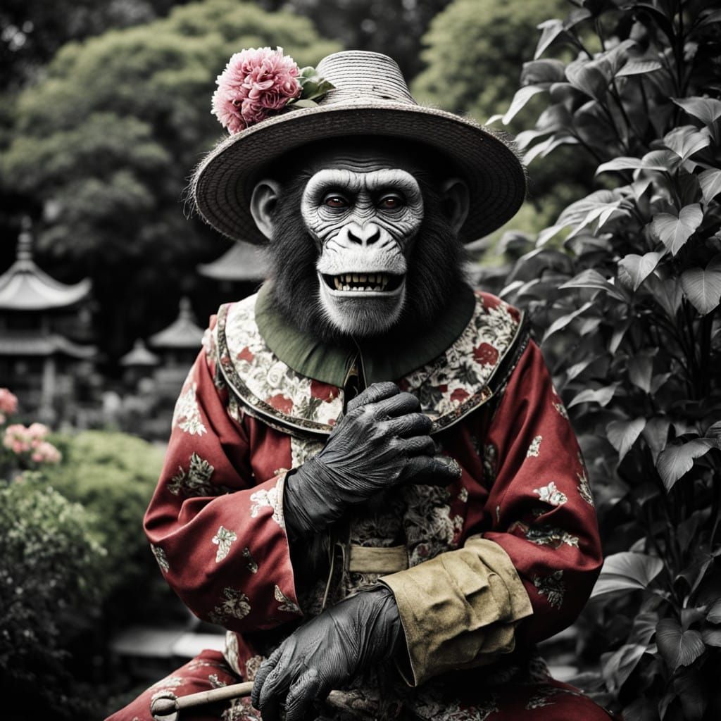 Grotesque Japanese Gardener Zombie Monkey Monster in Black a...
