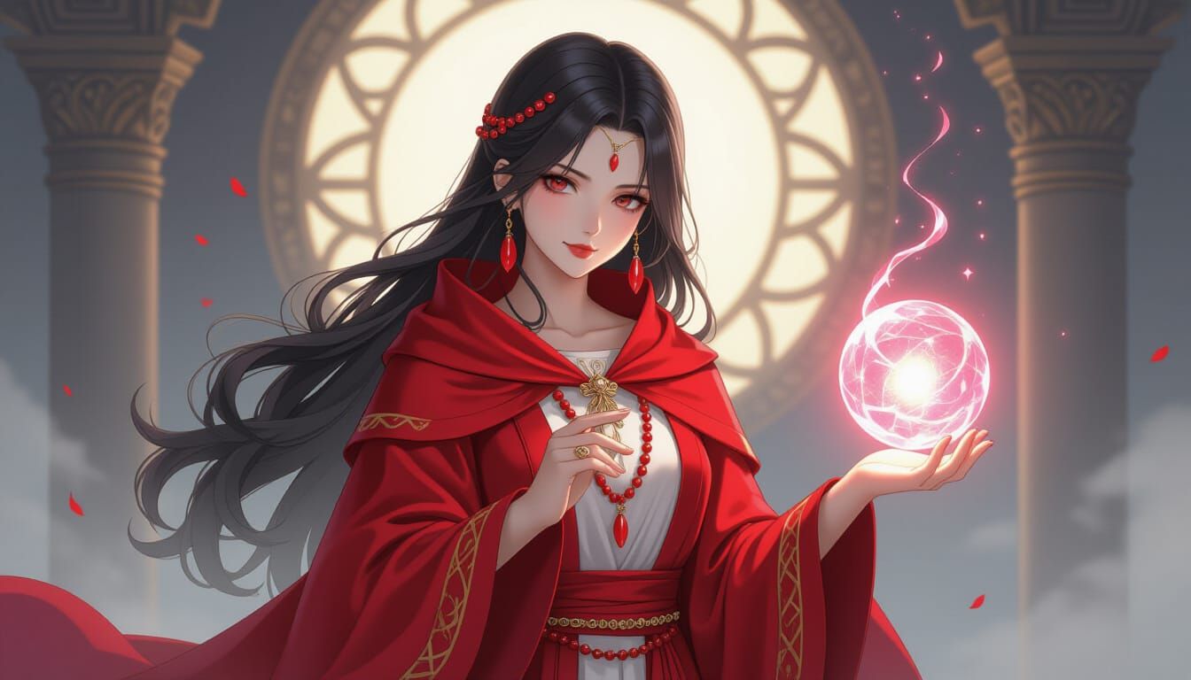 Crimson Oracle with Crystal Orb in Ethereal Fantasy Style