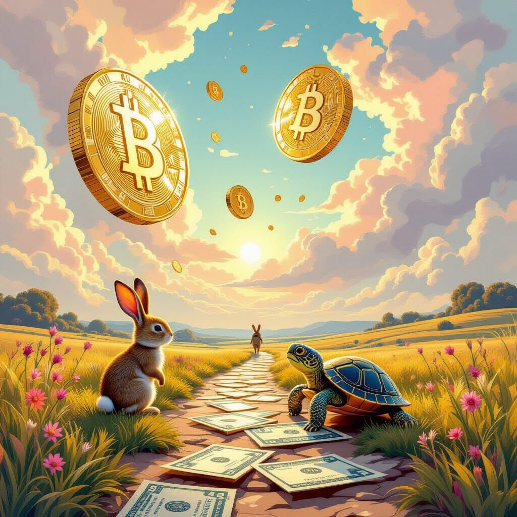 Surreal Landscape of Floating Coins and Dreamlike Adventure