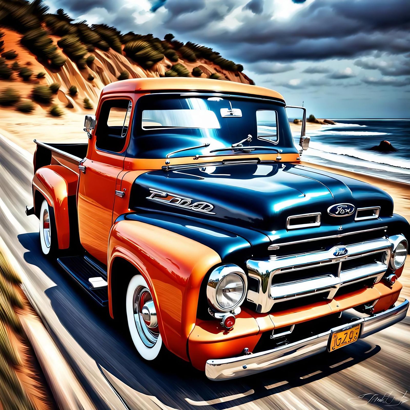 Classic Ford F100 Cruising Coastal Road: Hyperrealistic HDR