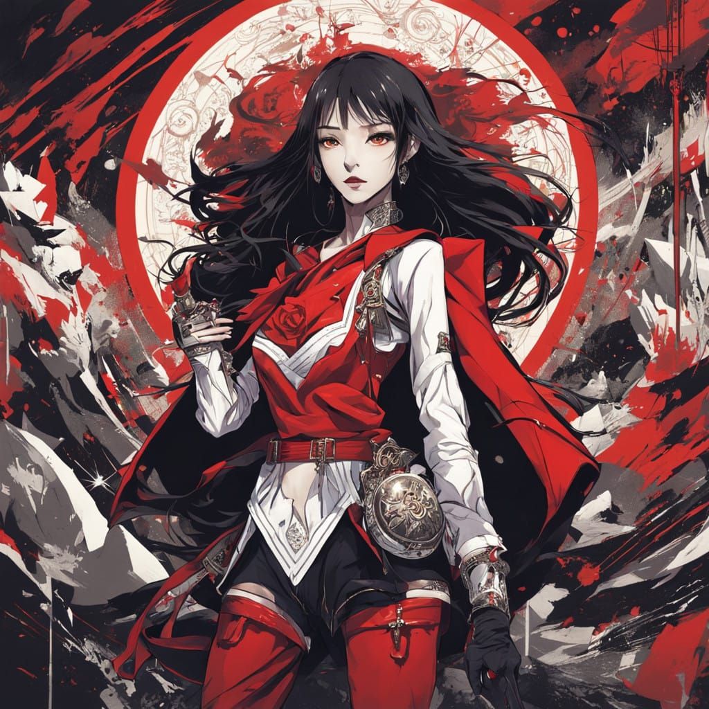 Woman in Dramatic Red and White Outfit