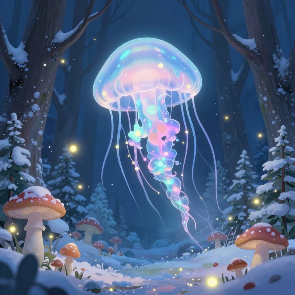 Bioluminescent Jellyfish Above Snowy Forest