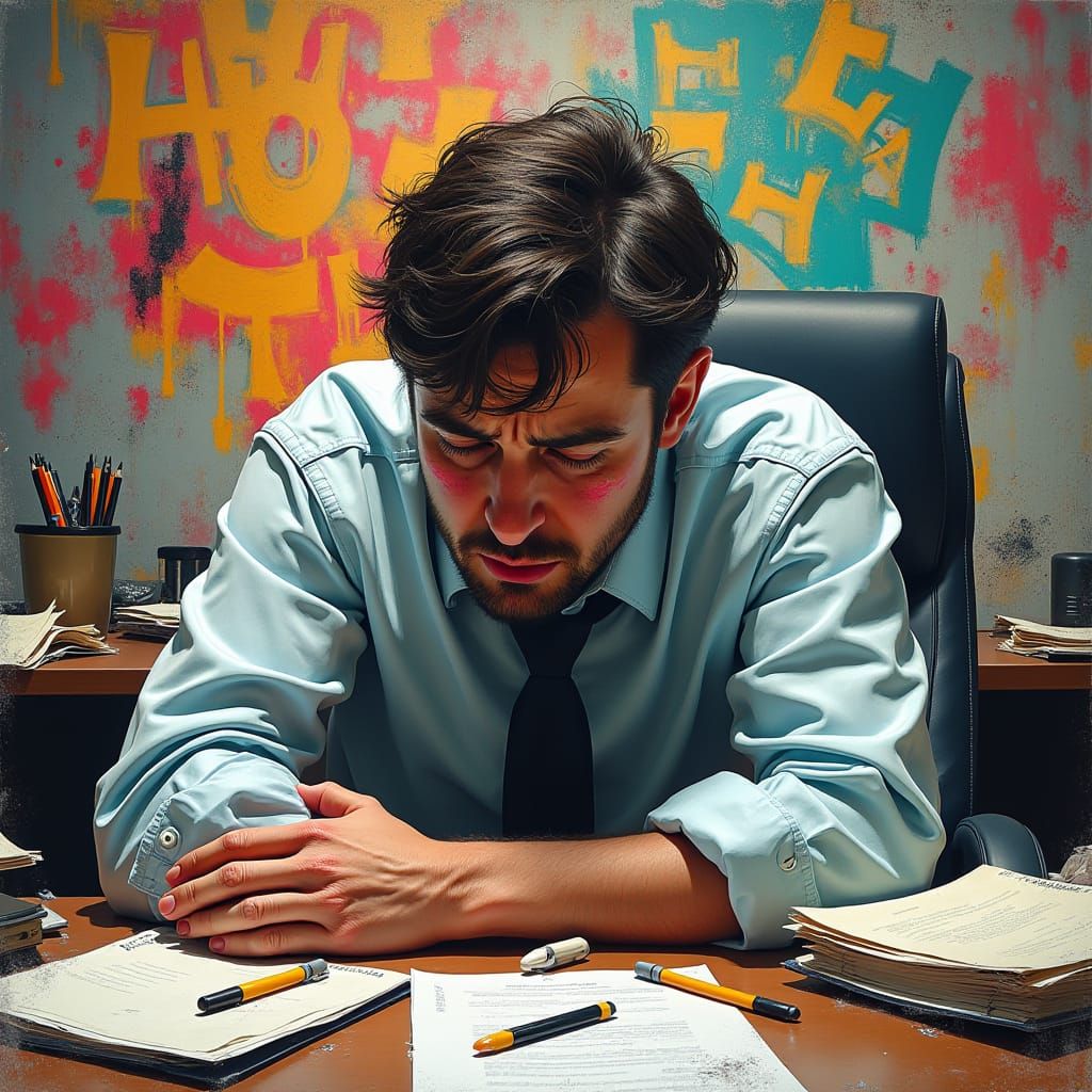 Stressed Office Worker in Graffiti Art Style