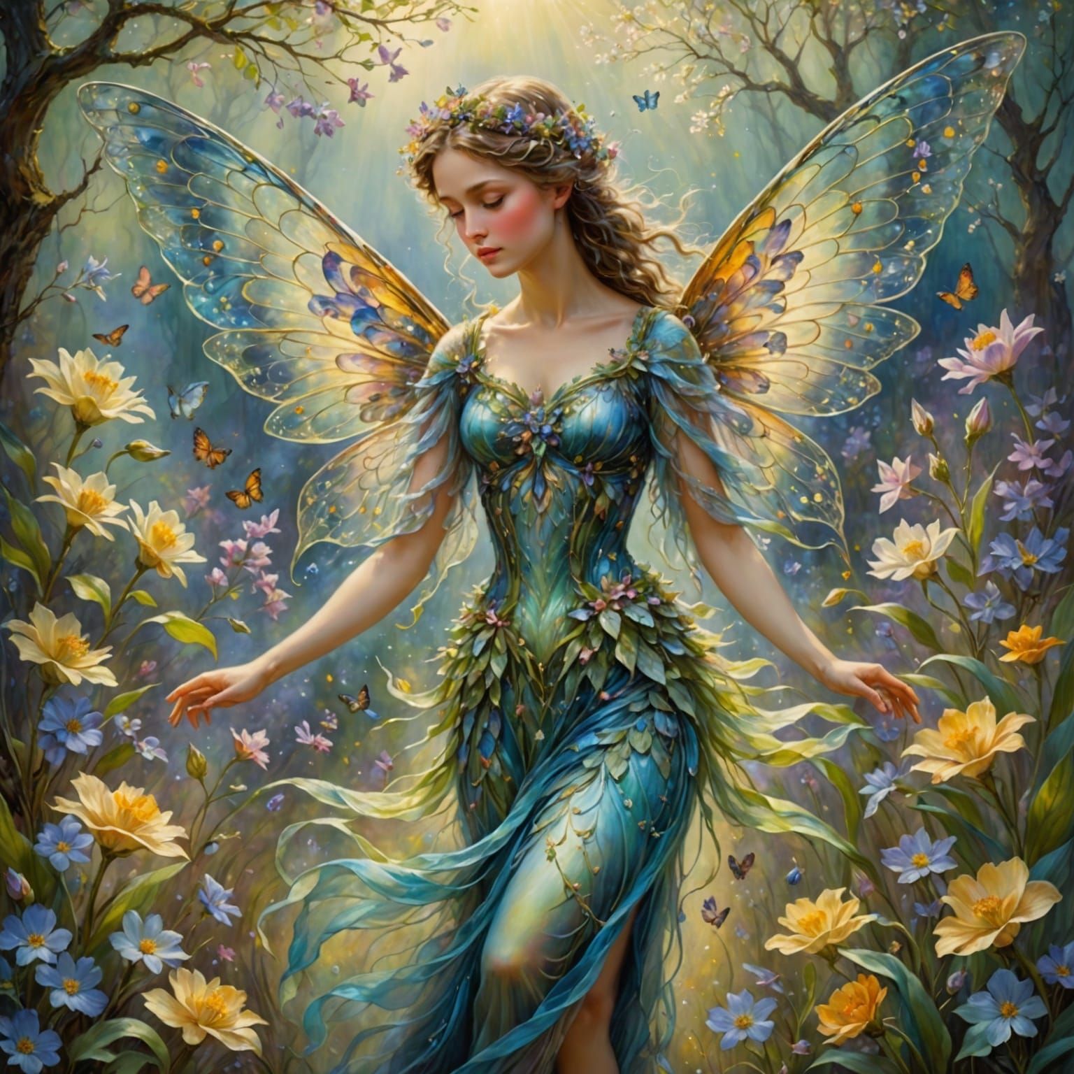 Ethereal Fairy Dances Amidst Spring Blooms in Watercolor Sty...