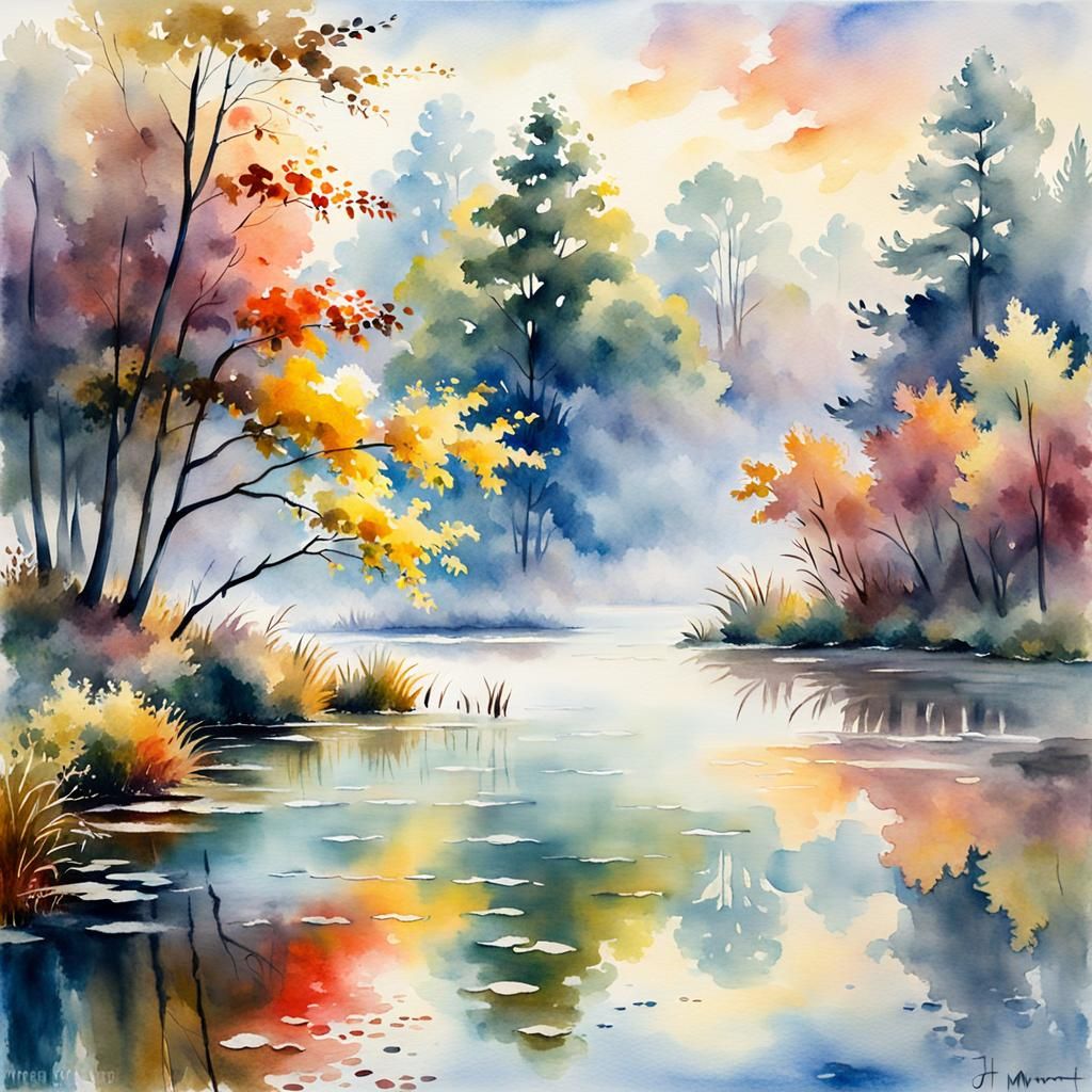 Autumn Pond: Watercolor Impressionist Landscape