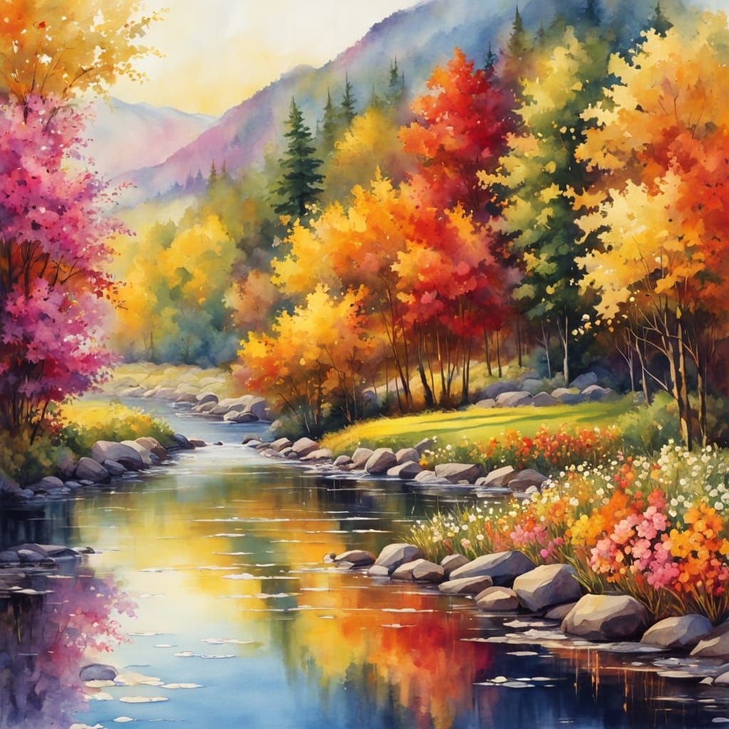 Enchanted River in Vibrant Watercolor