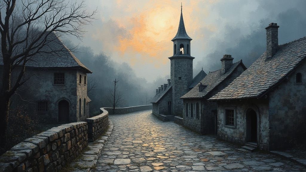 Dreamlike Village Emerge from Shadows in Dark Oil Painting