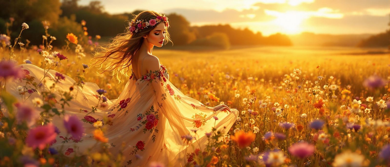 Bohemian Goddess in Meadow: Art Nouveau Digital Painting