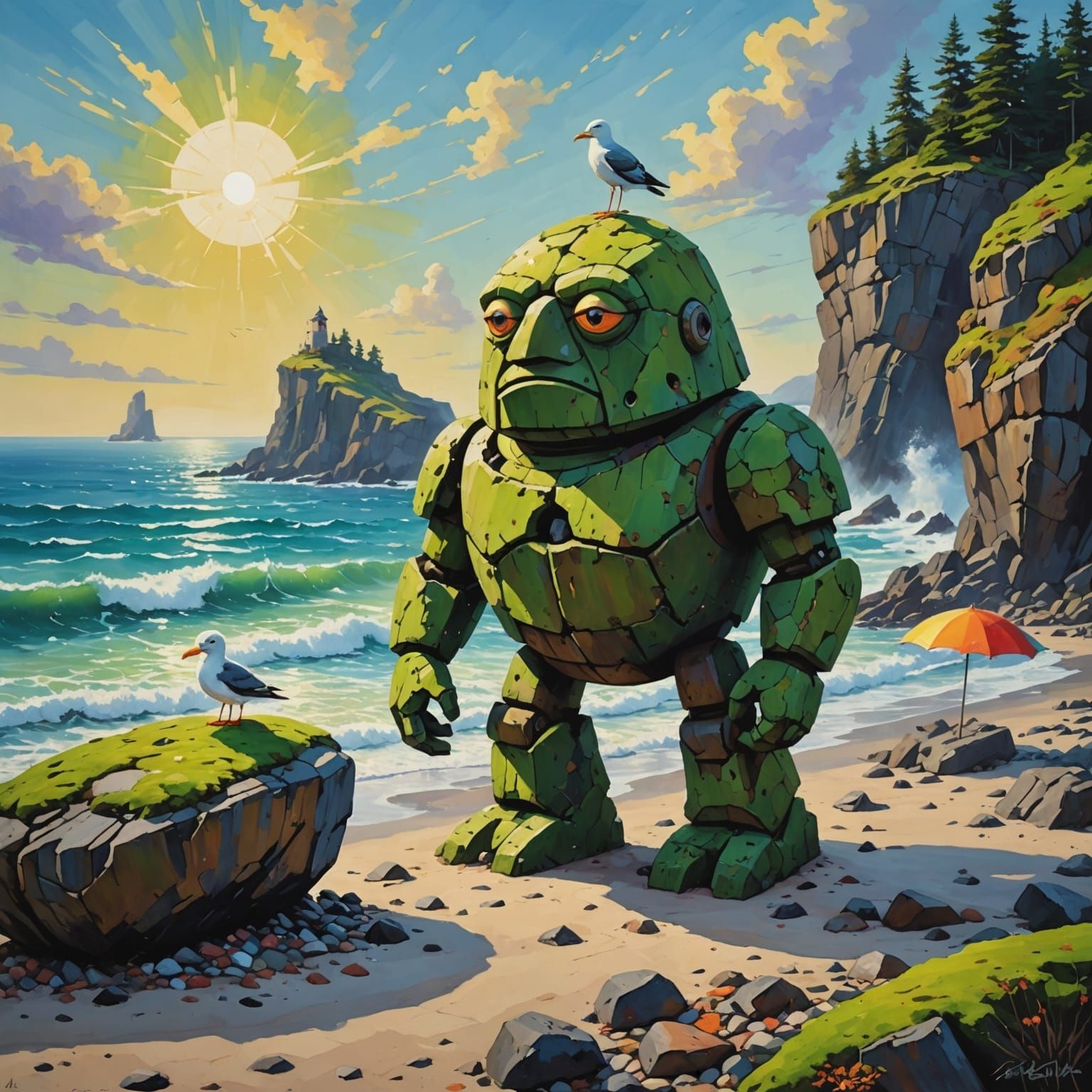 Mossy Golem Assembles Tiny Umbrella on Rocky Shore