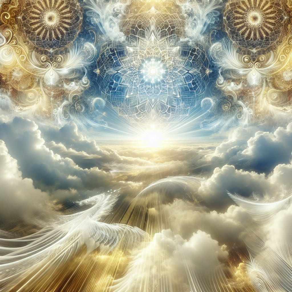 Ethereal Sky with Sacred Geometry in White and Gold