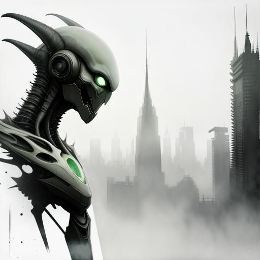 Alien Creature in Dystopian Cityscape: Double Exposure Art