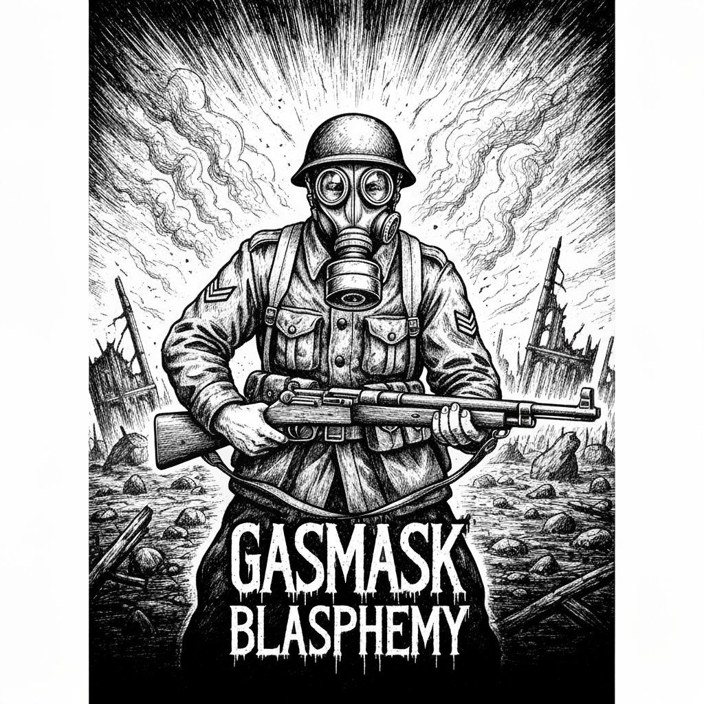 Black Metal Album Cover: Gas Mask Soldier in Battle