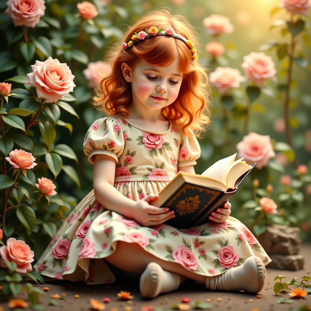 Toddler with Book and Roses in Classic Illustration Style