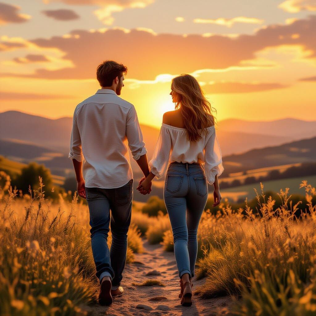 Sunset Stroll: Lady in Valley, Art Nouveau Style