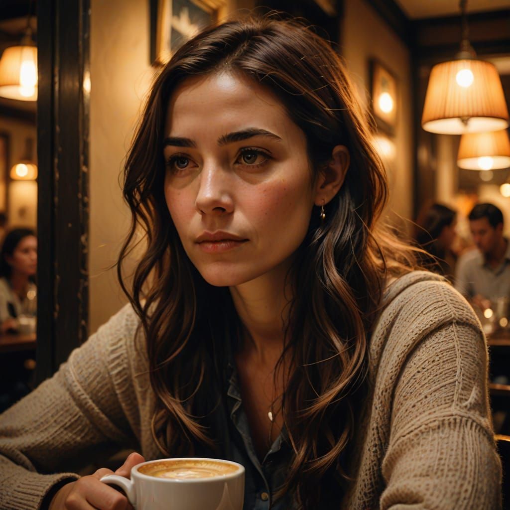 Soothing Portrait of a Listener in a Warm Coffee Shop