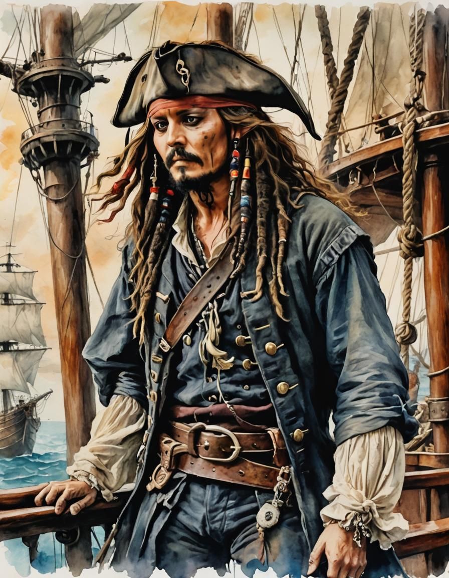 Johnny Depp as Captain Jack Sparrow on a Pirate Ship, depict...