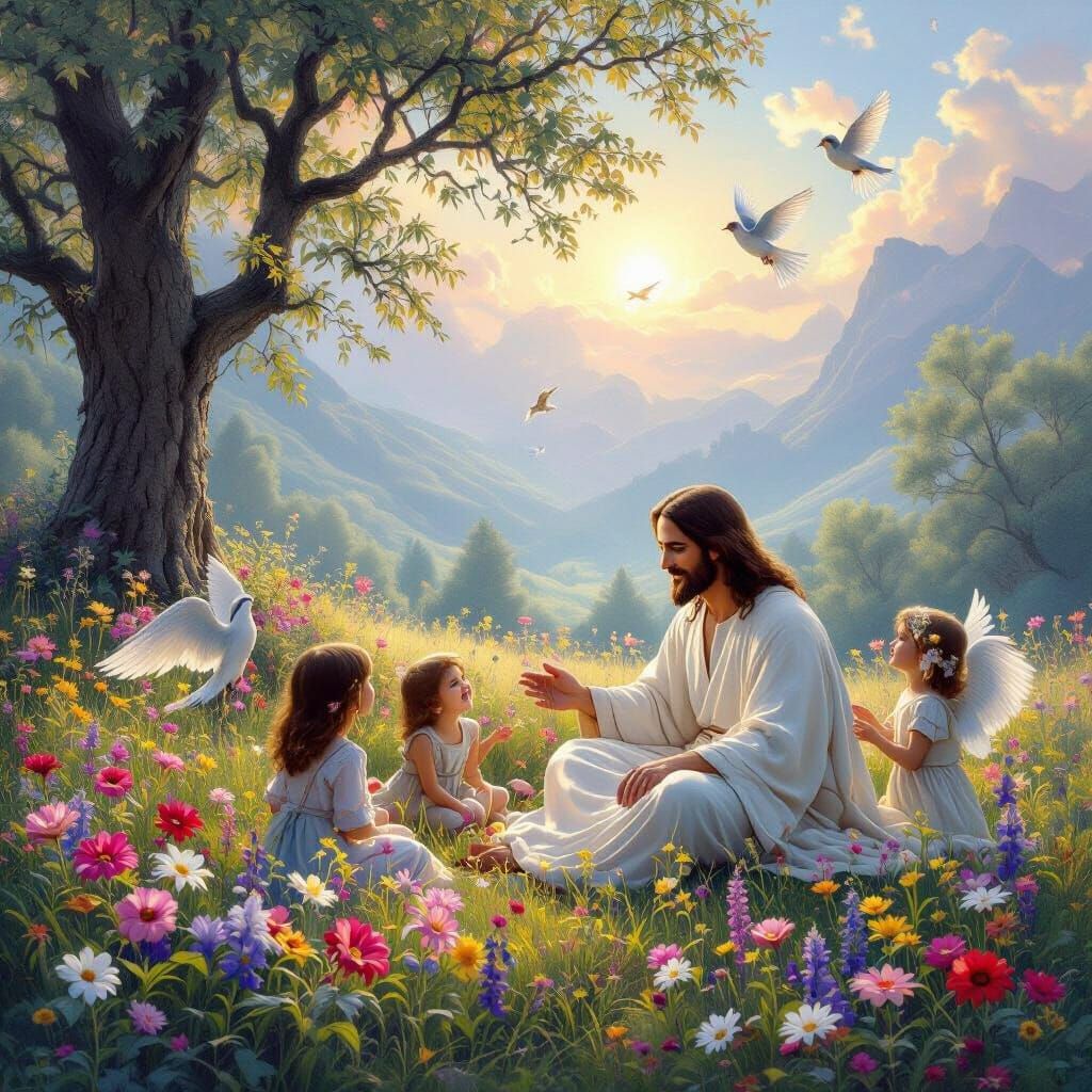 Jesus in Serene Meadow with Children and Angels